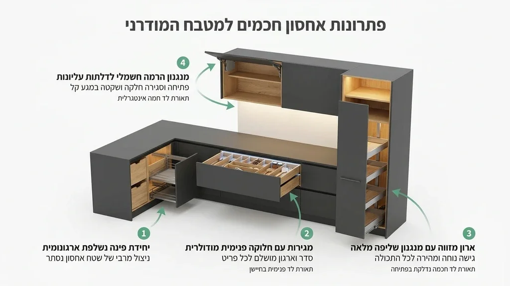 הדגמת פתרונות אחסון מתקדמים ונוחות שימוש, עם תאורה חכמה ופרזול איכותי. פתרונות אחסון חכמים ותאורה במטבח
