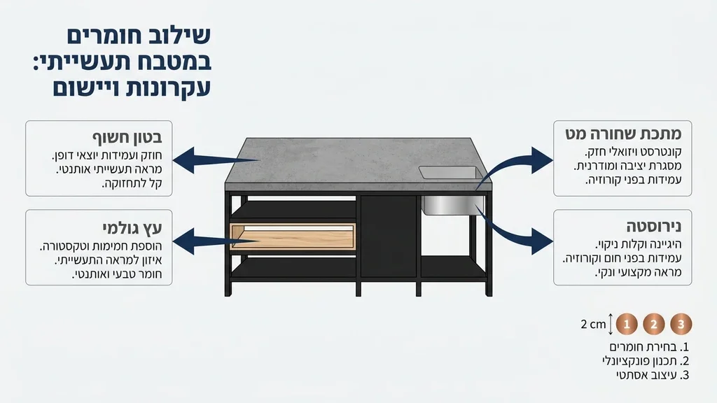 מטבח בעיצוב תעשייתי עם אלמנטים מברזל ובטון